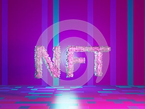 NTF text on vivid tech violet background. Non-refundable token. 3d render. Crypto art place for selling. Blockchain