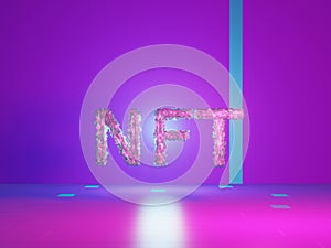 NTF text on vivid tech violet background. Non-refundable token. 3d render. Crypto art place for selling. Blockchain