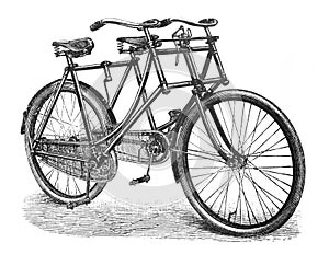 Ntique tandem bicycle / old Antique illustration from Brockhaus Konversations-Lexikon 1908