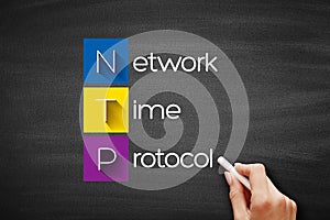 NTP - Network Time Protocol acronym, technology concept background on blackboard