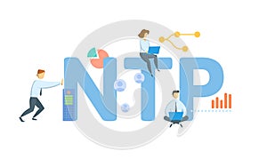 NTP, Network Time Protocol. Concept with keyword, people and icons. Flat vector illustration. Isolated on white.