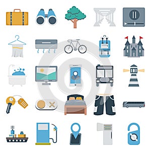 Travel and Tour Color Vector Isolated Icons Consists with travel bag, tree, multimedia, towel, pe trol pump