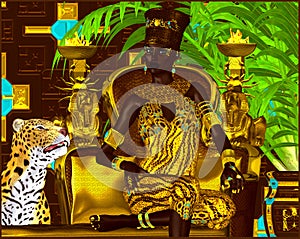 Nubian Princess. Seated on a gold chair with a leopard at her feet she exudes wealth, power and beauty. A fantasy digital art