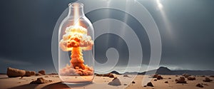 A nuclear or atomic explosion in a jar or bottle standing on a table in a room on a desert landscape background. The