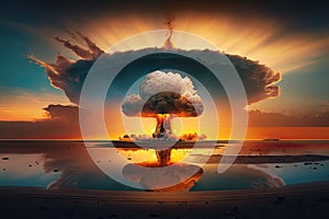 nuclear blast, with mushroom cloud and debris, against dramatic sunrise or sunset sky