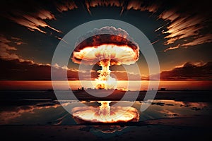 nuclear blast, with mushroom cloud and debris, against dramatic sunrise or sunset sky