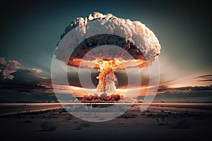 a nuclear bomb, detonating in midair, with a mushroom cloud rising above