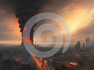 nuclear bomb detonating over a modern city with a cloud or smoke and flame rising into the sky