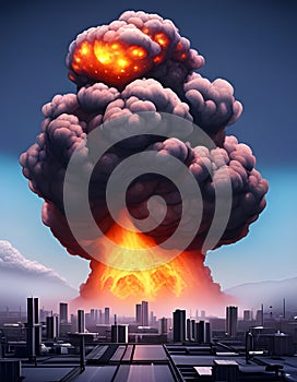 nuclear bomb detonating over a modern city with a mushroom cloud rising into the sky