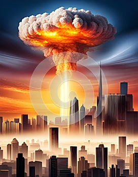 nuclear bomb detonating over a modern city with a mushroom cloud rising into the sky