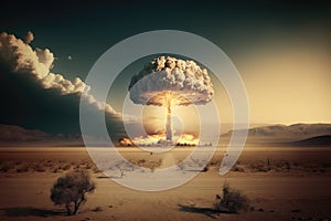 nuclear bomb detonation in desert, with mushroom cloud rising into the sky