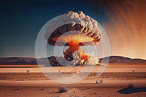 nuclear bomb detonation in desert, with mushroom cloud rising into the sky