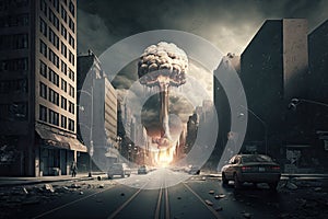 nuclear bomb detonation in the middle of bustling city, with skyscrapers and cars destroyed by the blast