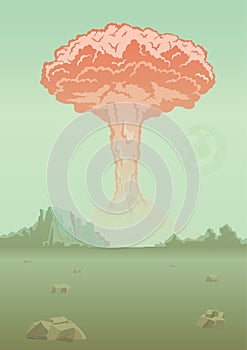 Nuclear bomb explosion in the desert. Mushroom cloud. Vector illustration.