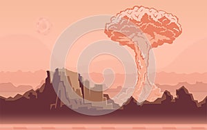 Nuclear bomb explosion in the desert. Mushroom cloud. Vector illustration.