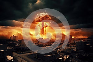 Nuclear bomb explosion with huge mushroom cloud. Nuclear war. Generative AI