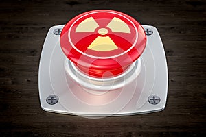 Nuclear button, radiation push-button on the wooden table, 3D r