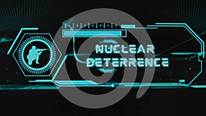 Nuclear Deterrence inscription on black background. Graphic presentation with neon sensors with scale and silhouette of