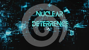 Nuclear Deterrence inscription on black background with neon holograms. Graphic presentation with silhouettes of a group