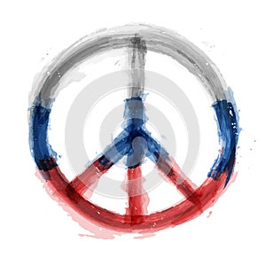 Nuclear Disarmament symbol with Russia flag color . Realistic watercolor painting design . Peace concept . Vector