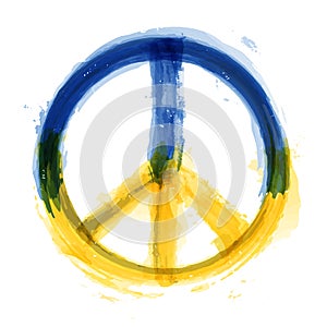 Nuclear Disarmament symbol with Ukraine flag color . Realistic watercolor painting design . Peace concept . Vector