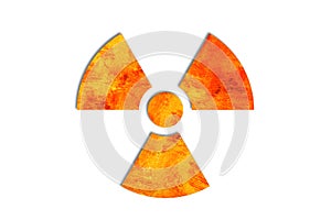 Nuclear energy radioactive ionizing radiation nuclear round yellow and red danger warning symbol on rusty metal grungy texture