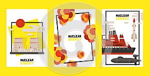 Nuclear energy set of cards, poster vector illustration. Radioactive, nuclear power plant building, explosion of bomb