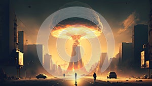 Nuclear explosion, atomic bomb in the city. War and apocalypse concept. Mushroom cloud in the sky. Generative AI