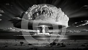 Nuclear explosion in black and white. Nuke bomb mushroom radioactive cloud. Generative AI