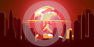 Nuclear Explosion. Cartoon Retro poster. Mushroom cloud. Vector illustration.