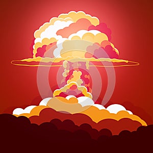 Nuclear Explosion. Cartoon Retro poster. Mushroom cloud. Vector illustration.