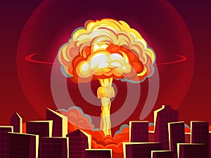 Nuclear explosion in city. Atomic bombing, bomb explosion fiery mushroom cloud and war destruction cartoon vector