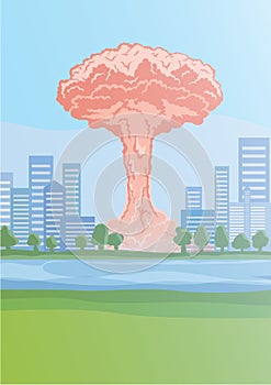 Nuclear explosion in the city, mushroom clouds. Vector Illustration.