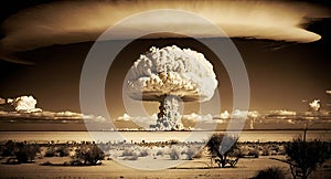 Nuclear explosion in the desert. Sepia colors. Nuke bomb mushroom radioactive cloud. Generative AI