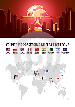 Nuclear Explosion. Infographic of countries possessing nuclear weapons. Vector illustration.