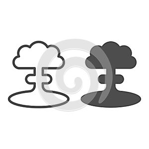 Nuclear explosion line and solid icon. Atomic bomb bang, mushroom shape toxic cloud symbol, outline style pictogram on