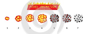 Nuclear explosion. Pixel art 8 bit fire objects. Game icons set. The evolution of a Comic boom flame. Bang burst explode