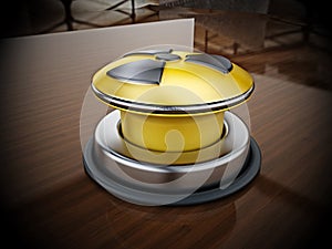 Nuclear launch button on reflective wooden table.. 3D illustration