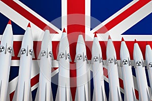 Nuclear missiles in a row and flag of United Kingdom