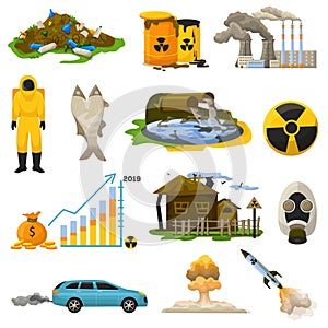 Nuclear pollution vector radioactive atomic energy polluting environment illustration set of radiation danger and