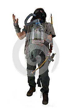 Nuclear post apocalypse survivors concept with white isolated ba