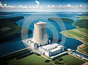 A nuclear power plant on a body of water.