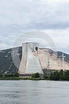 Nuclear Power Plant Chimney and Wind Turbines on the Rhone.