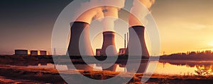 Nuclear power plant complex with cooling towers near reservoir and sunset sky as background. Generative AI