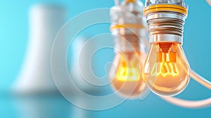 Nuclear power plant concept with glowing light bulbs and cables in the foreground