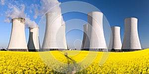 Nuclear power plant, cooling tower, field of rapeseed