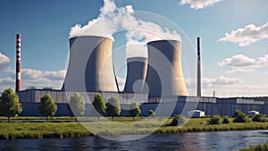 Nuclear power plant with cooling towers. Generative AI