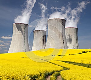 Nuclear power plant Dukovany with golden flowering field