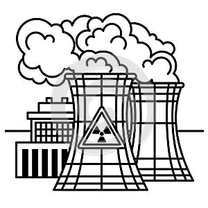Nuclear power plant and factory. Nuclear energy industrial concept. Vector line art illustration