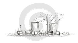 Nuclear power plant hand drawn sketch. Vector.